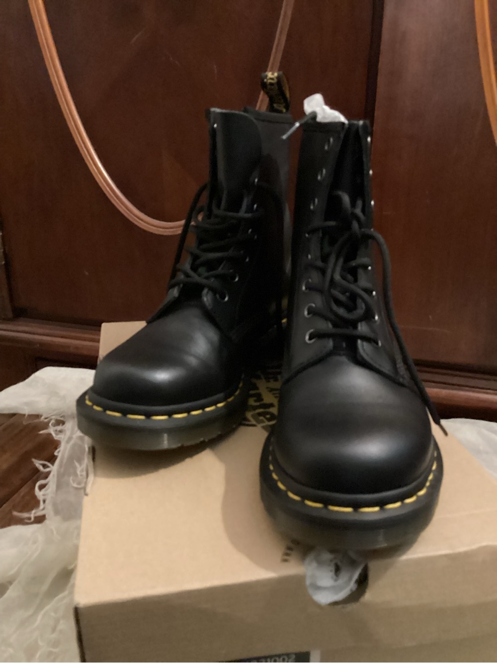 Dr. Martens Black Leather Lace-Up Boots with Yellow Stitching